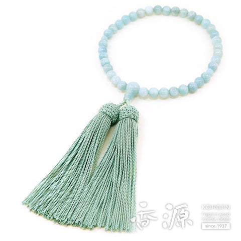 Women's Aquamarine Prayer Beads, 7mm Bead, Indigo-White Tassel