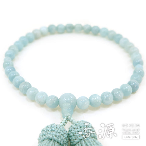 Women's Aquamarine Prayer Beads, 7mm Bead, Indigo-White Tassel