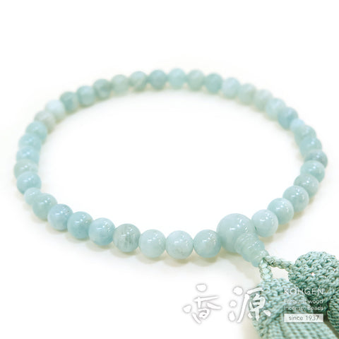Women's Aquamarine Prayer Beads, 7mm Bead, Indigo-White Tassel