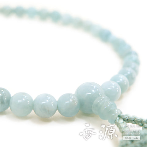 Women's Aquamarine Prayer Beads, 7mm Bead, Indigo-White Tassel