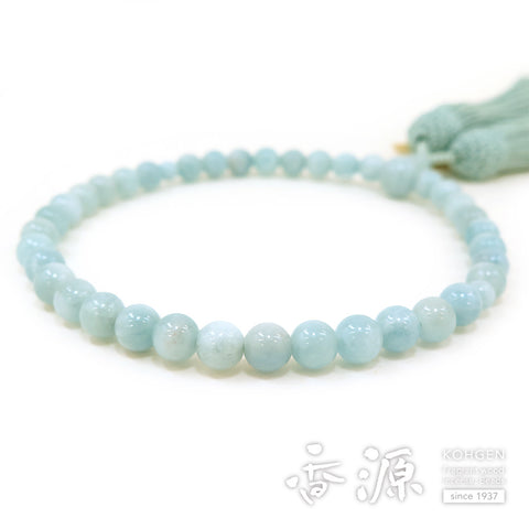 Women's Aquamarine Prayer Beads, 7mm Bead, Indigo-White Tassel