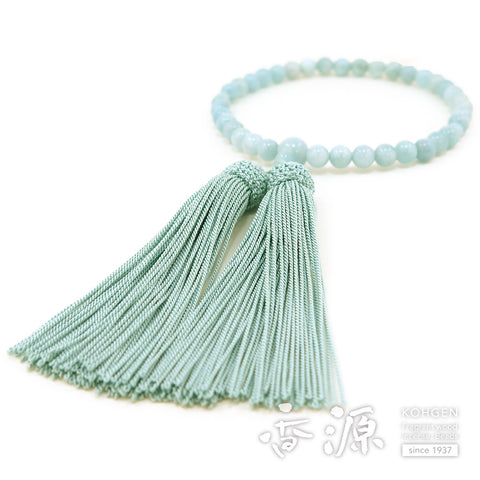Women's Aquamarine Prayer Beads, 7mm Bead, Indigo-White Tassel
