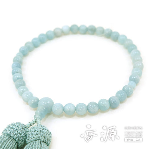 Women's Aquamarine Prayer Beads, 7mm Bead, Indigo-White Tassel