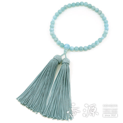 Women's Aquamarine Prayer Beads, 7mm Bead, Light Blue-Gray Tassel