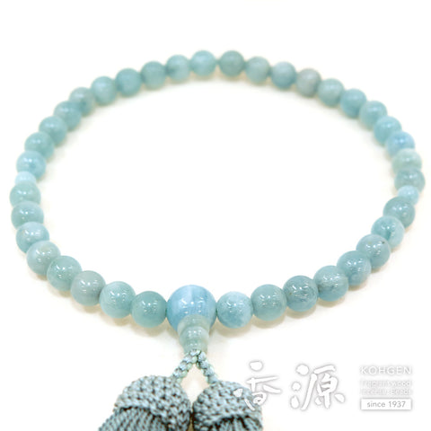 Women's Aquamarine Prayer Beads, 7mm Bead, Light Blue-Gray Tassel