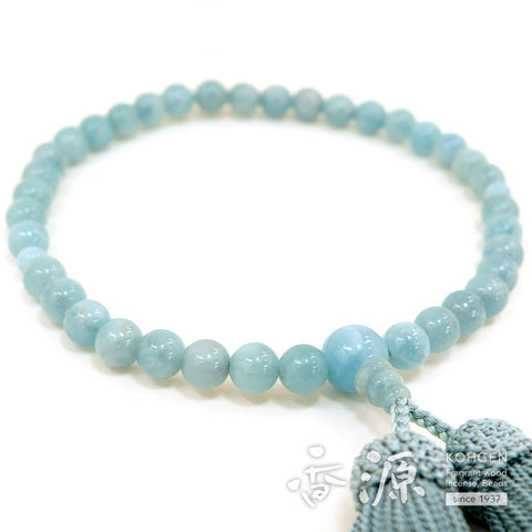 Women's Aquamarine Prayer Beads, 7mm Bead, Light Blue-Gray Tassel