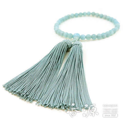 Women's Aquamarine Prayer Beads, 7mm Bead, Light Blue-Gray Tassel