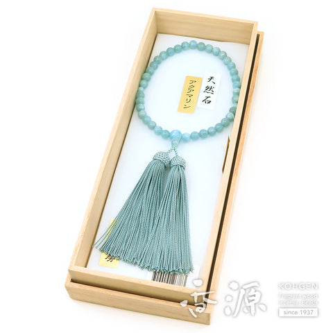 Women's Aquamarine Prayer Beads, 7mm Bead, Light Blue-Gray Tassel