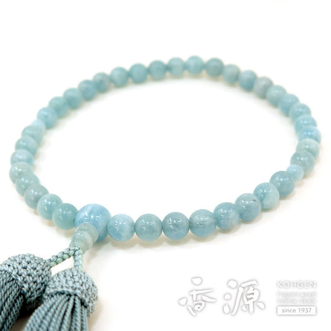 Women's Aquamarine Prayer Beads, 7mm Bead, Light Blue-Gray Tassel