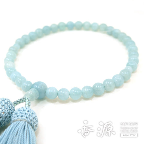Women's Aquamarine Prayer Beads, 7mm Bead, Sky Blue Tassel