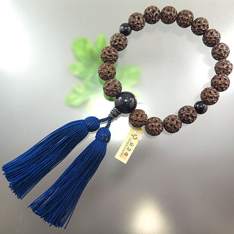 Men's Prayer Beads, Boxwood, Cloisonné Carving, 18 Beads, Blue Tiger's Eye Finish