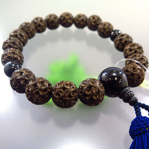 Men's Prayer Beads, Boxwood, Cloisonné Carving, 18 Beads, Blue Tiger's Eye Finish