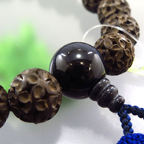 Men's Prayer Beads, Boxwood, Cloisonné Carving, 18 Beads, Blue Tiger's Eye Finish