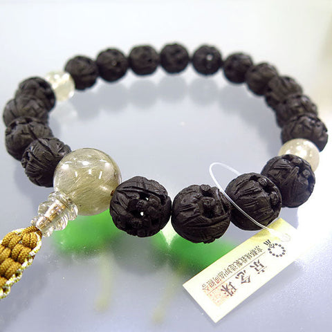 Men's Prayer Beads, Carved Arhat (Black), Silver Rutilated Quartz Finish, 18 Beads, Limited Edition