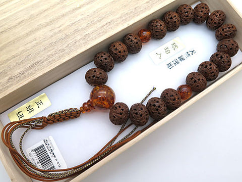 Men's prayer beads, Indian bodhi seed, Arhat carving, compressed amber