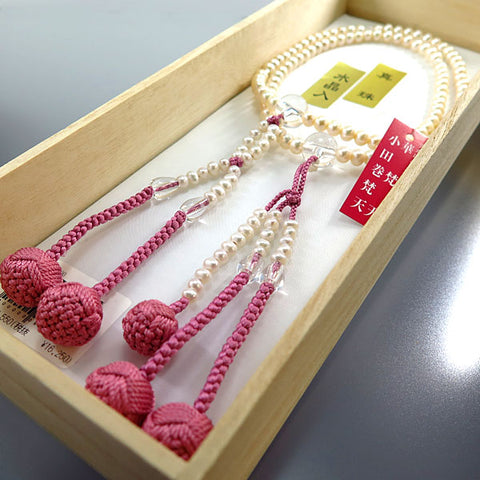 Women's Prayer Beads, Freshwater Pearl, Nichiren Sect, 8-Sun Hokke Style, Crystal Finish