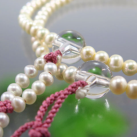 Women's Prayer Beads, Freshwater Pearl, Nichiren Sect, 8-Sun Hokke Style, Crystal Finish