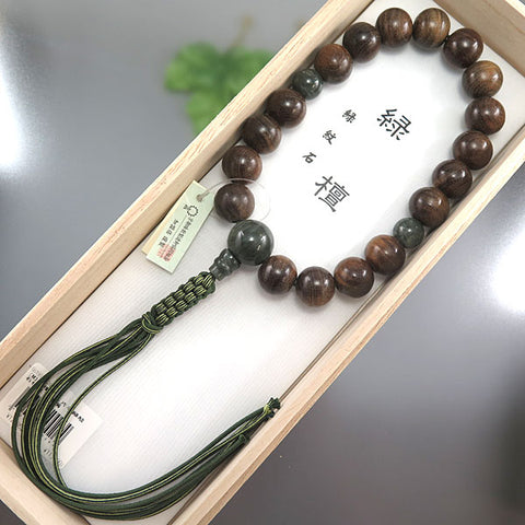 Men's Prayer Beads, Green Sandalwood (Ryokutan), 18 Beads, Green Jasper Finish, String Tassel