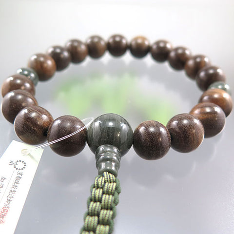 Men's Prayer Beads, Green Sandalwood (Ryokutan), 18 Beads, Green Jasper Finish, String Tassel