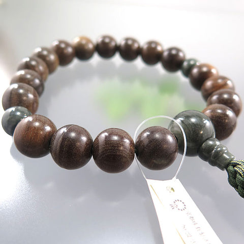 Men's Prayer Beads, Green Sandalwood (Ryokutan), 18 Beads, Green Jasper Finish, String Tassel