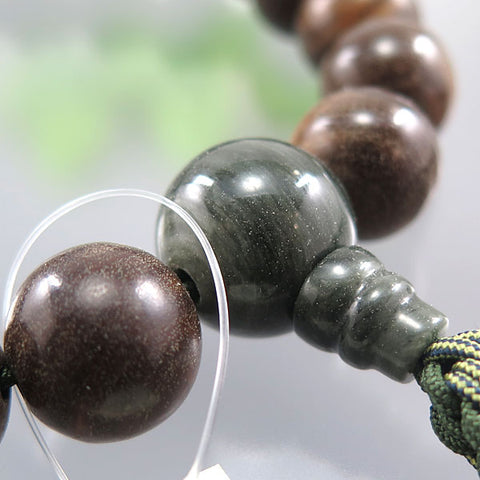 Men's Prayer Beads, Green Sandalwood (Ryokutan), 18 Beads, Green Jasper Finish, String Tassel