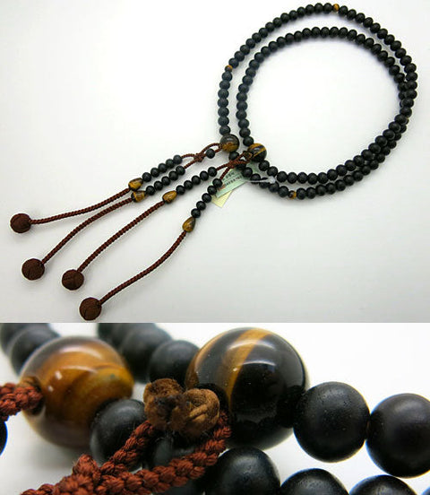 Men's Prayer Beads, Ebony, Shingon Sect, Tiger's Eye Finish