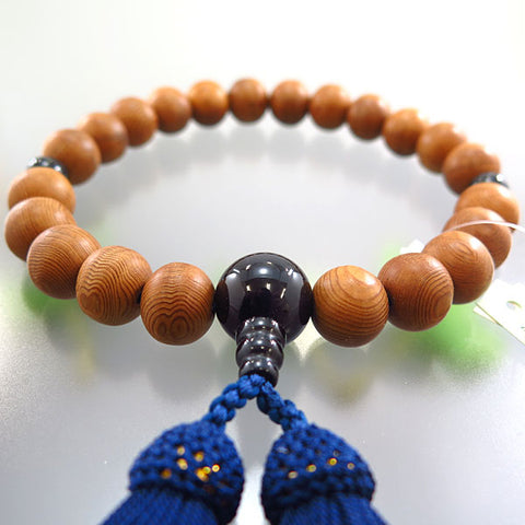 Men's Prayer Beads, Yakusugi, 22 Beads, Blue Tiger's Eye Finish, Dark Navy Tassel