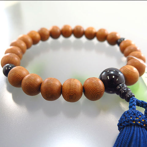 Men's Prayer Beads, Yakusugi, 22 Beads, Blue Tiger's Eye Finish, Dark Navy Tassel