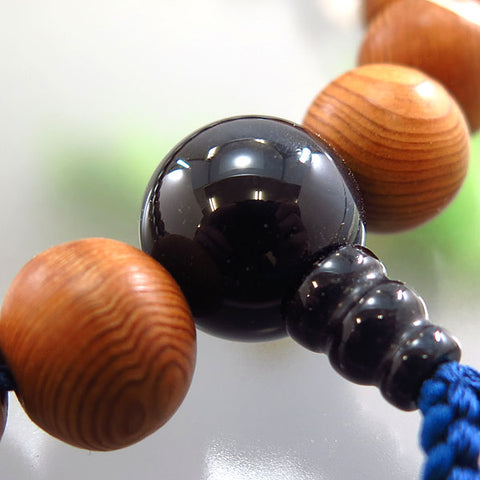 Men's Prayer Beads, Yakusugi, 22 Beads, Blue Tiger's Eye Finish, Dark Navy Tassel