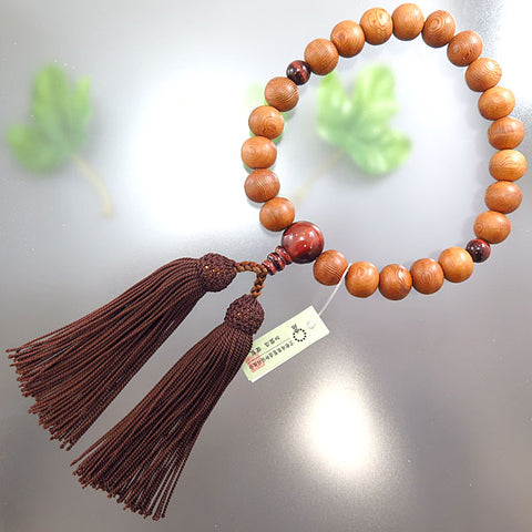 Men's Prayer Beads, Yakusugi, 22 Beads, Red Tiger's Eye Finish, Dark Brown Tassel
