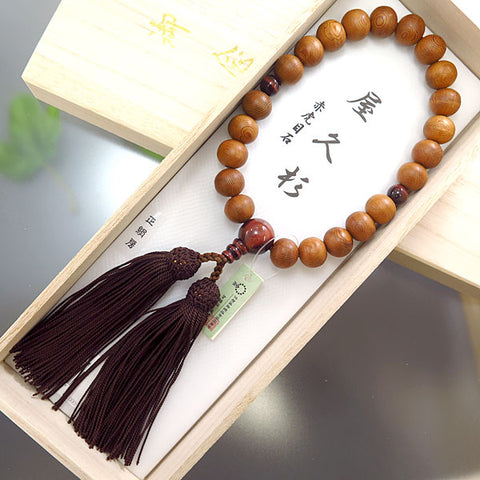 Men's Prayer Beads, Yakusugi, 22 Beads, Red Tiger's Eye Finish, Dark Brown Tassel