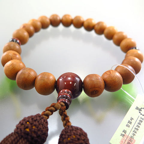 Men's Prayer Beads, Yakusugi, 22 Beads, Red Tiger's Eye Finish, Dark Brown Tassel
