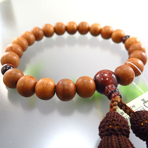 Men's Prayer Beads, Yakusugi, 22 Beads, Red Tiger's Eye Finish, Dark Brown Tassel