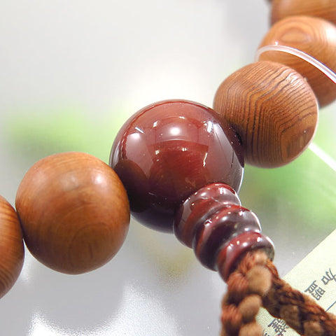 Men's Prayer Beads, Yakusugi, 22 Beads, Red Tiger's Eye Finish, Dark Brown Tassel