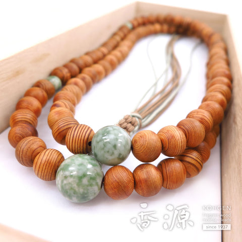 Men's Prayer Beads, Yakusugi Cedar, Rinzai Sect, Shaku-Shichi Length, Dushan Jade Finish