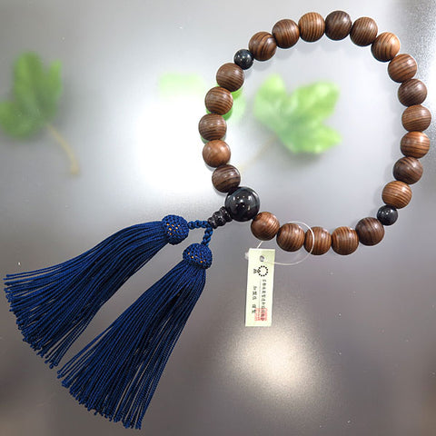 Prayer beads for men, Jindai cedar, 22 beads, blue tiger eye stone finish