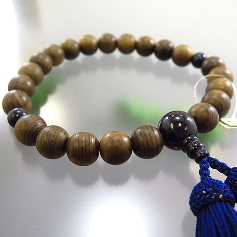 Prayer beads for men, Jindai cedar, 22 beads, blue tiger eye stone finish