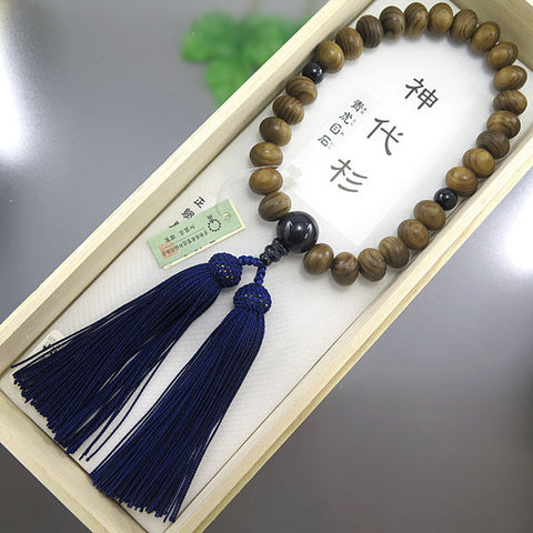 Men's Prayer Beads, Jindai Cedar, 27 Beads, Oval Bead, Blue Tiger's Eye Finish