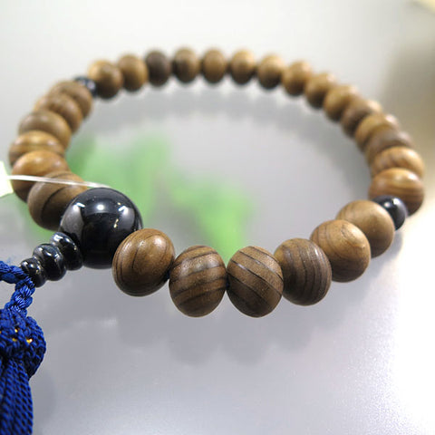 Men's Prayer Beads, Jindai Cedar, 27 Beads, Oval Bead, Blue Tiger's Eye Finish