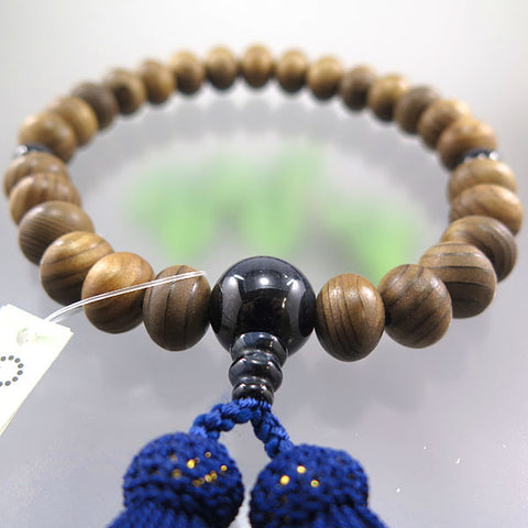 Men's Prayer Beads, Jindai Cedar, 27 Beads, Oval Bead, Blue Tiger's Eye Finish
