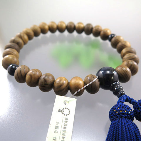 Men's Prayer Beads, Jindai Cedar, 27 Beads, Oval Bead, Blue Tiger's Eye Finish