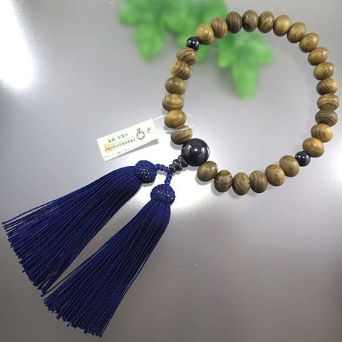 Men's Prayer Beads, Jindai Cedar, 27 Beads, Oval Bead, Blue Tiger's Eye Finish