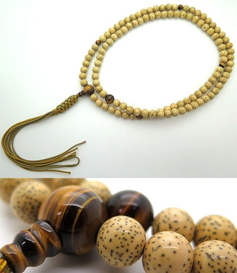 Men's Prayer Beads, Star Moon Bodhi Seed, Rinzai Sect, Shaku-Roku Length, Tiger's Eye Finish