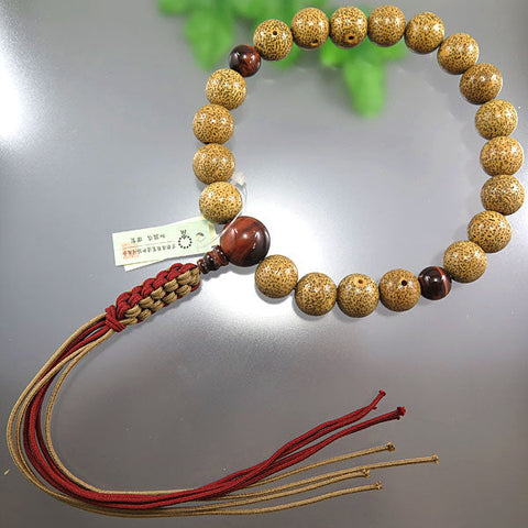 Men's Prayer Beads, Starry Moon Bodhi Seed, 20 Beads, Red Tiger's Eye Finish, String Tassel