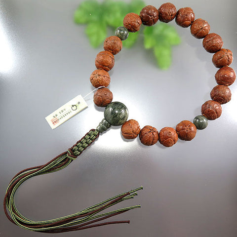 Men's Prayer Beads, Buddha's-Eye Bodhi Seed (Star-Shaped), Green Stone Finish, 18 Beads