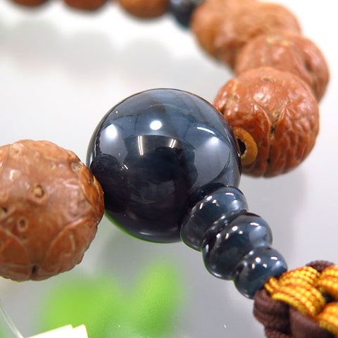 Prayer beads for men, Buddha's eye Bodhi tree, 18 beads, blue tiger's eye stone finish