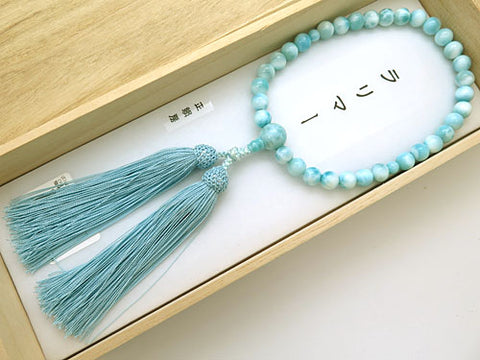 Women's Larimar Prayer Beads, 8mm Bead, Sky Blue Tassel