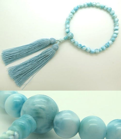 Women's Larimar Prayer Beads, 8mm Bead, Sky Blue Tassel