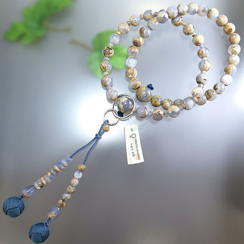 Men's blue chalcedony prayer beads, Jodo sect, silver ring