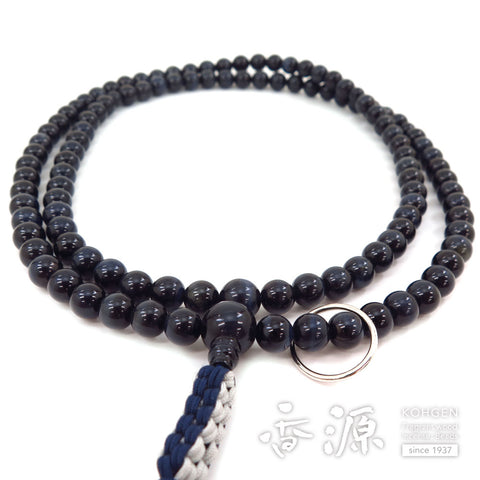 Men's Prayer Beads, Blue Tiger's Eye, Soto Zen Sect, Shaku-Shichi Length, Matching Set, Silver Ring
